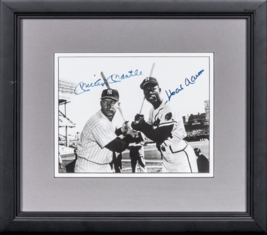 Mickey Mantle and Hank Aaron Dual Signed 7 x 9 Photograph From 1958 All Star Game In 14 x 16 Framed Display (PSA/DNA)